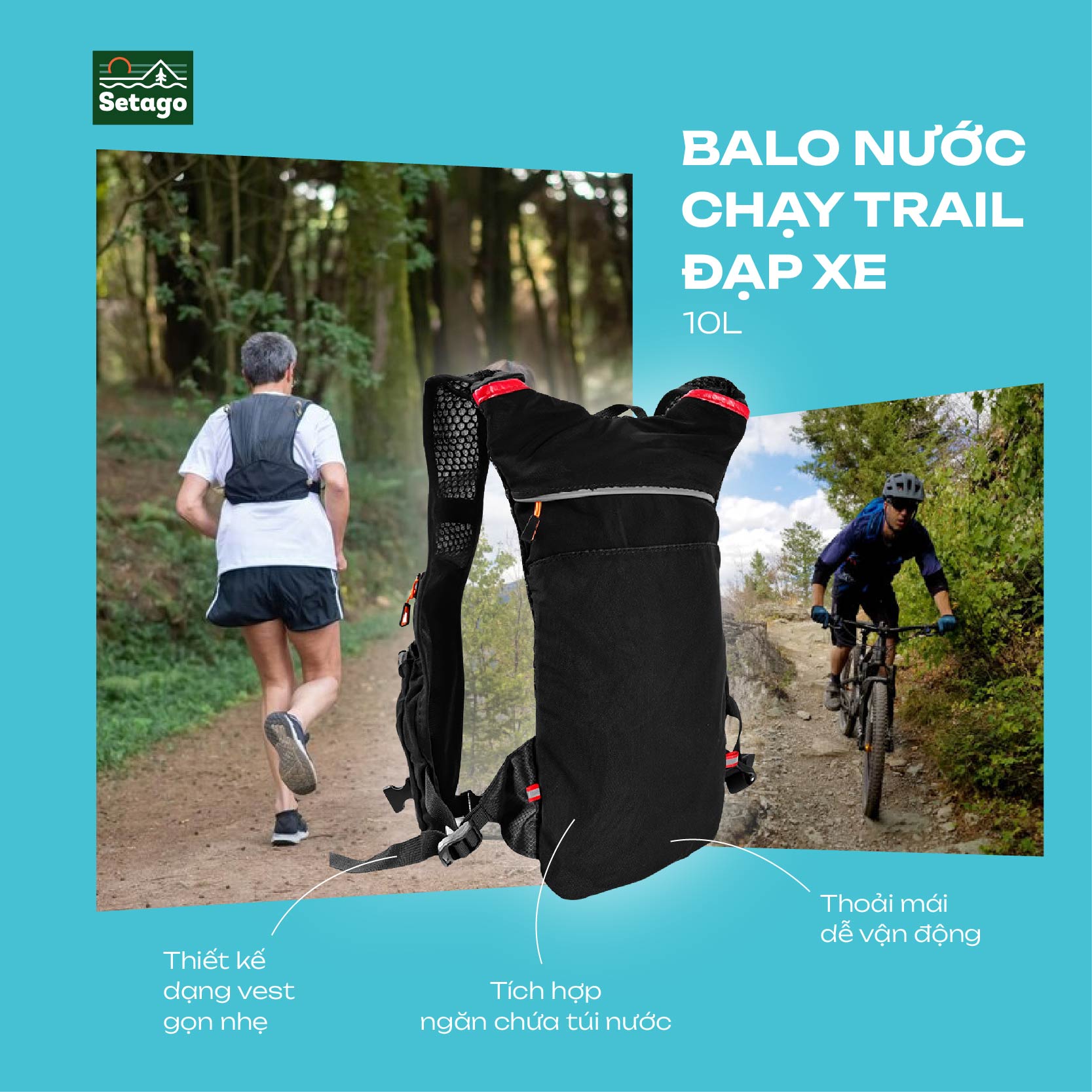 Balo Trail 10L - siêu nhẹ, thiết kế vest ôm sát, lưới tổ ong thoáng khí, tích hợp ngăn chứa nước