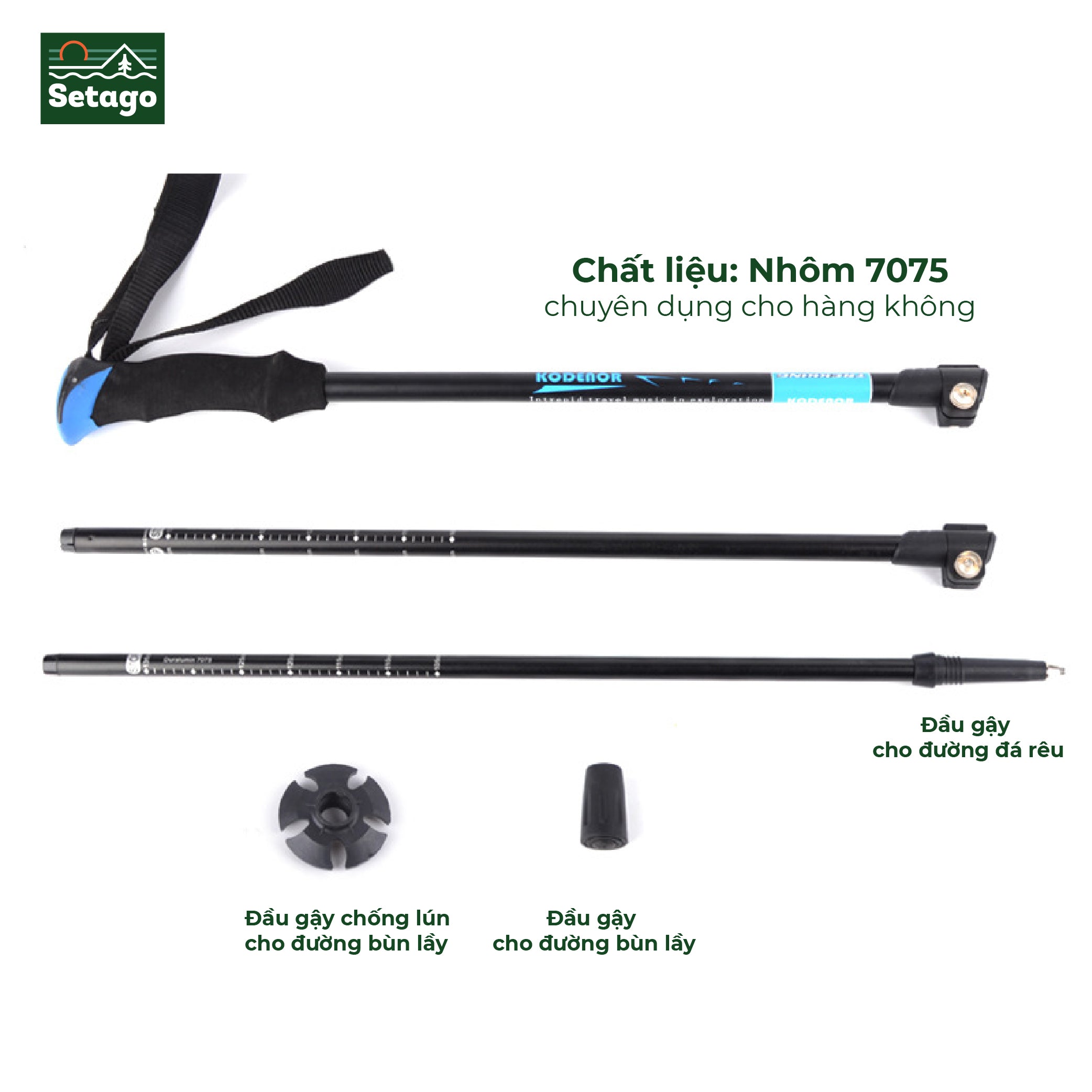 Gậy Leo Núi KODENOR 7075 – Siêu Nhẹ 245g, Chiều dài linh hoạt, Tay Cầm EVA Chống Trượt