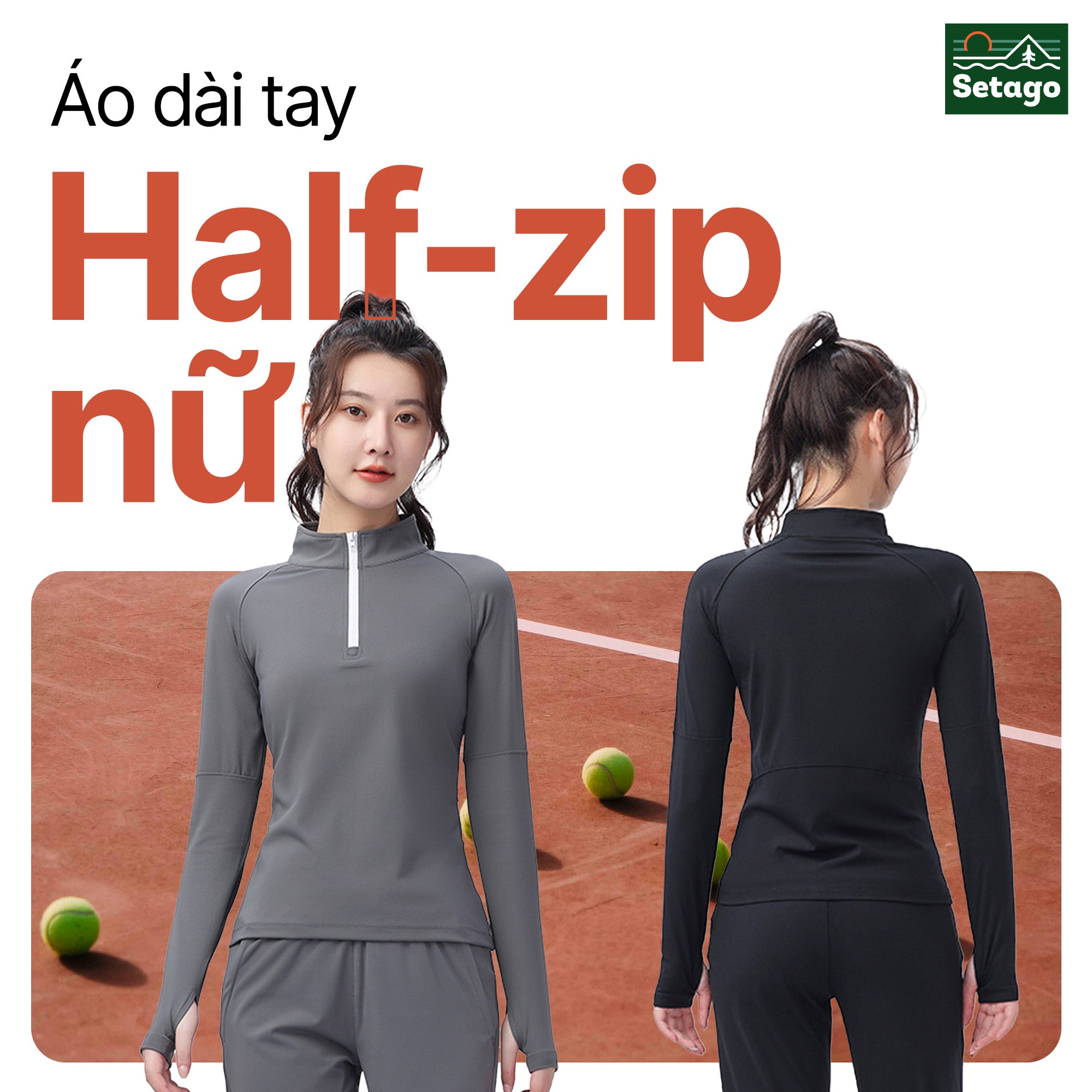 Áo dài tay Half-zip nữ - form ôm người, co giãn và mỏng nhẹ