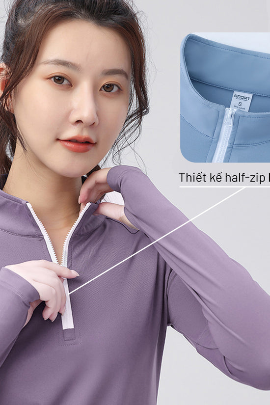 Áo dài tay Half-zip nữ - form ôm người, co giãn và mỏng nhẹ