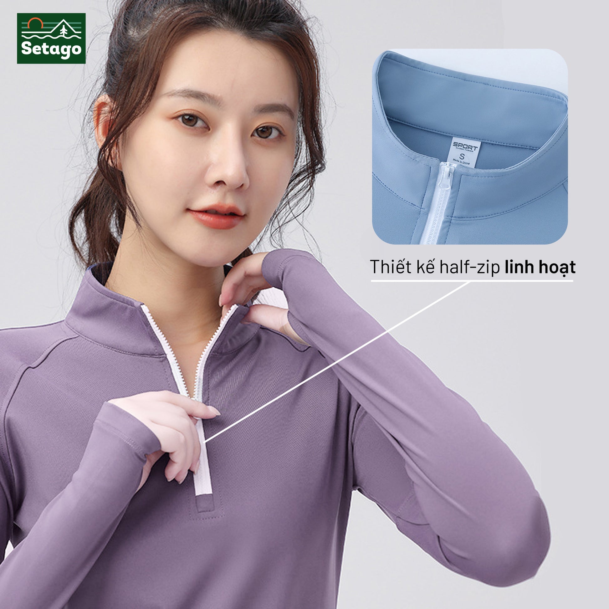 Áo dài tay Half-zip nữ - form ôm người, co giãn và mỏng nhẹ
