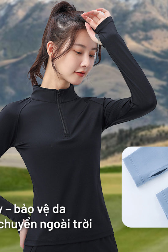 Áo dài tay Half-zip nữ - form ôm người, co giãn và mỏng nhẹ