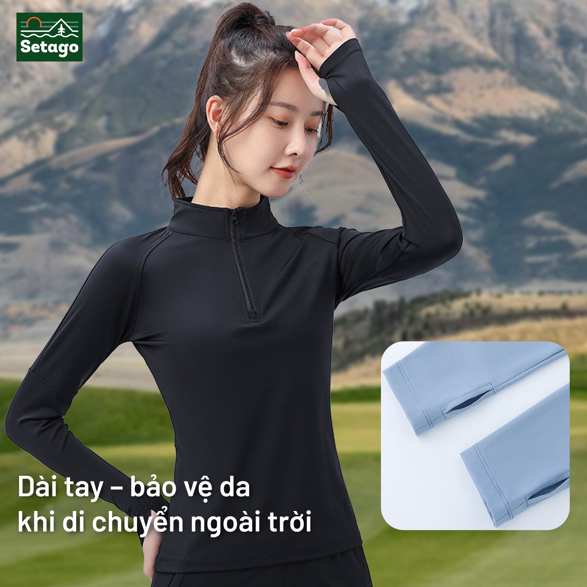 Áo dài tay Half-zip nữ - form ôm người, co giãn và mỏng nhẹ