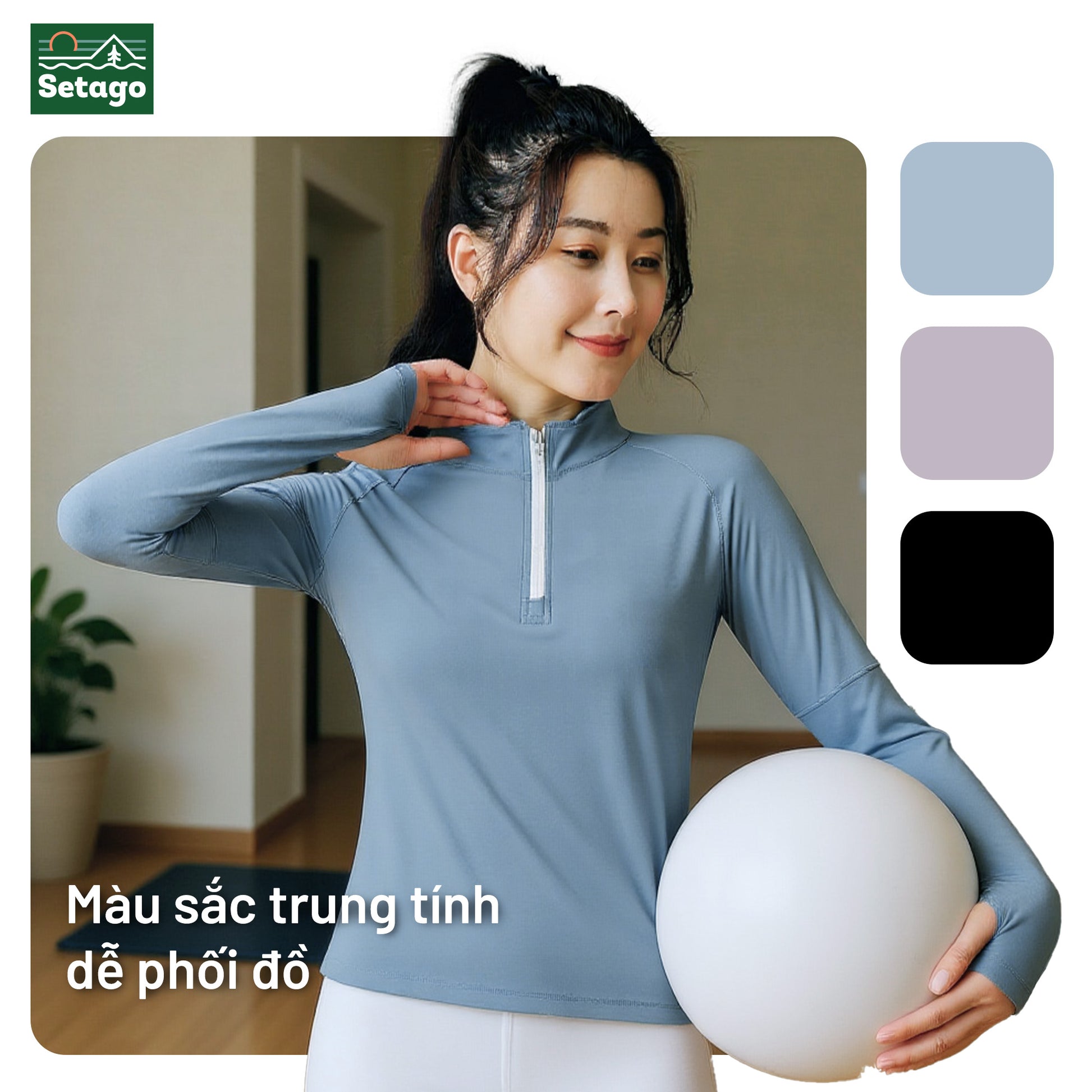 Áo dài tay Half-zip nữ - form ôm người, co giãn và mỏng nhẹ