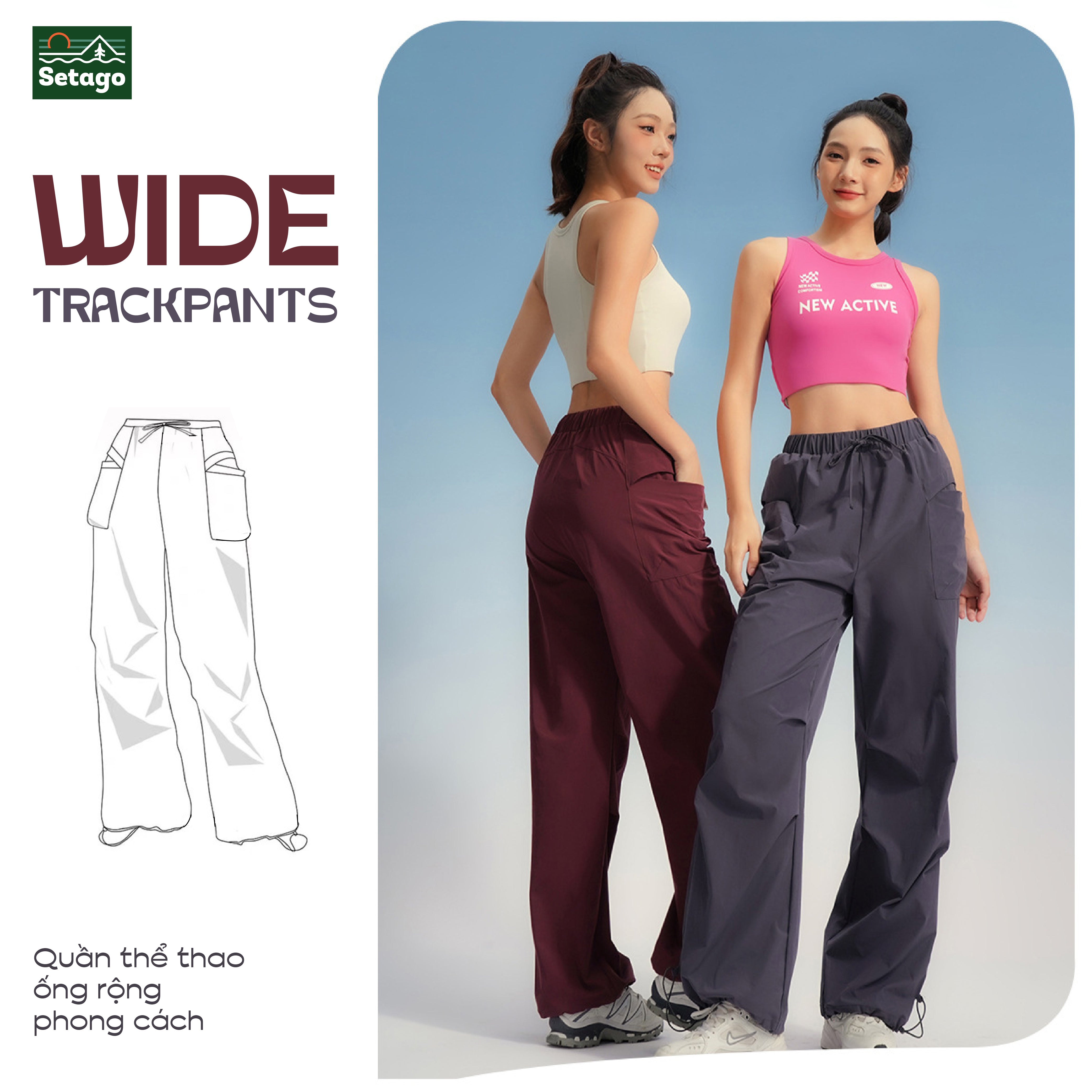 Quần ống rộng Trekking - đai chun co giãn, có dây thắt ống, túi hộp tiện lợi