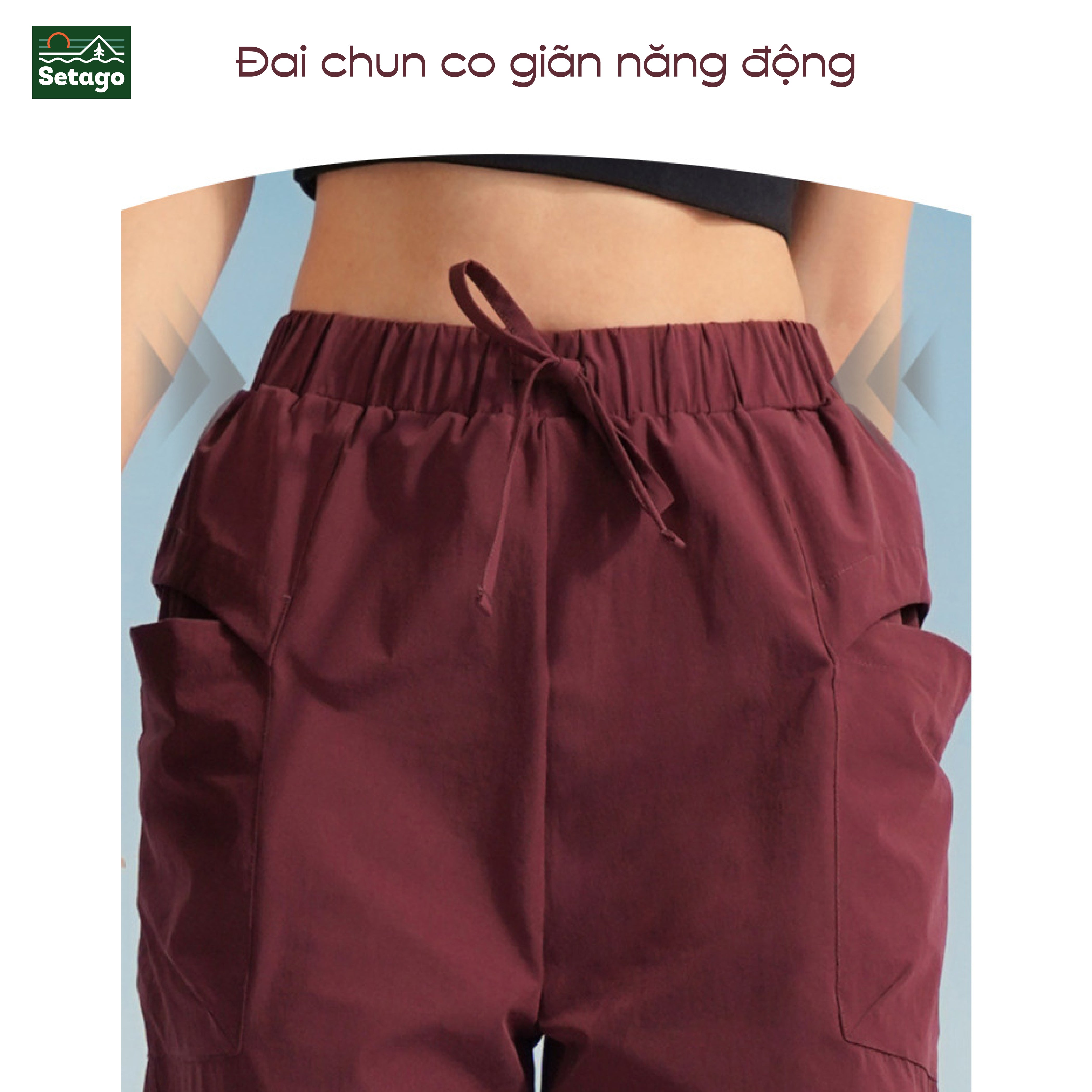 Quần ống rộng Trekking - đai chun co giãn, có dây thắt ống, túi hộp tiện lợi
