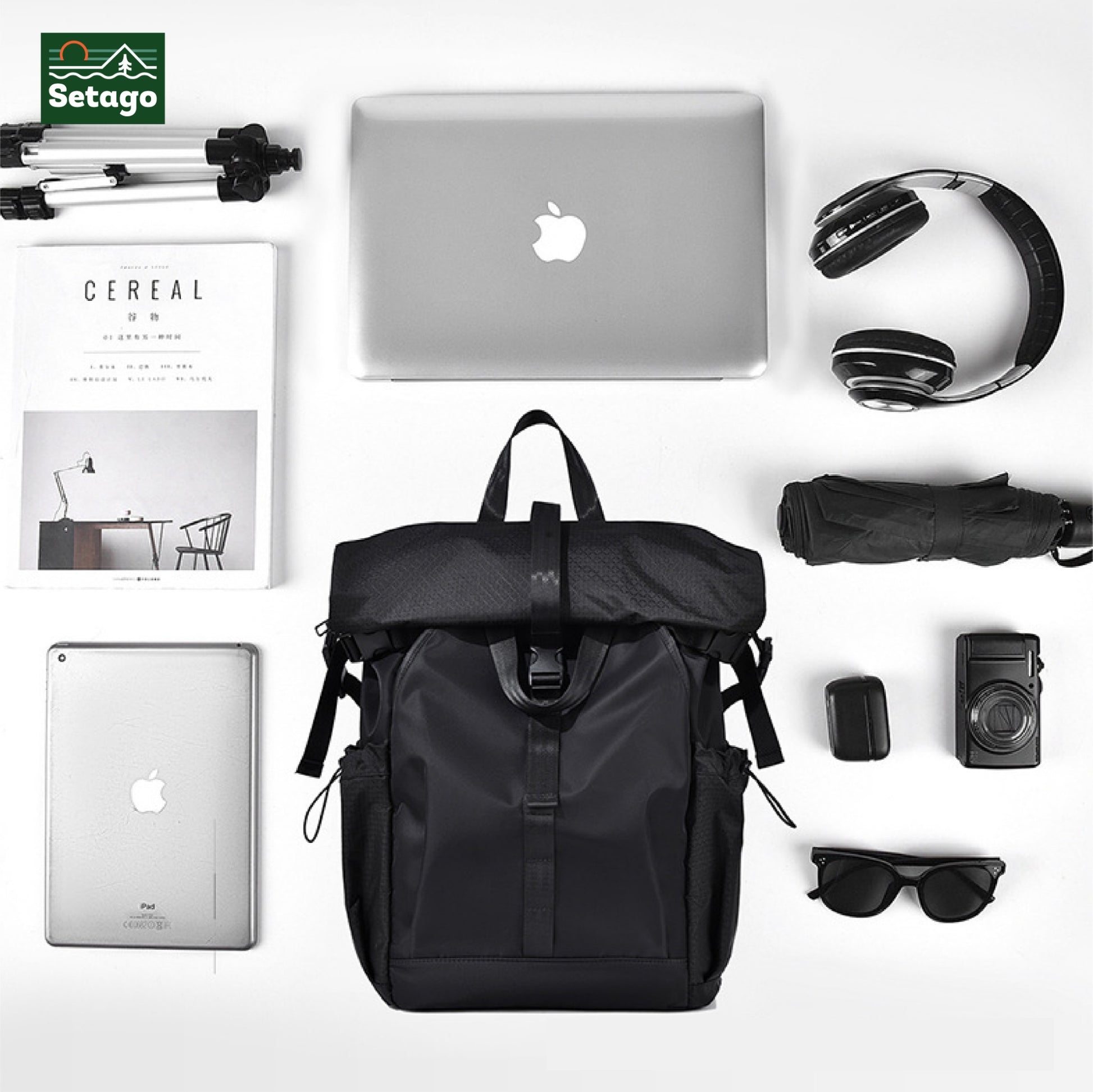 Balo rolltop laptop, du lịch, nhiều ngăn chứa đồ, chất liệu chống thấm nước, có ngăn riêng đựng laptop.