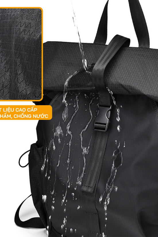 Balo rolltop laptop, du lịch, nhiều ngăn chứa đồ, chất liệu chống thấm nước, có ngăn riêng đựng laptop.