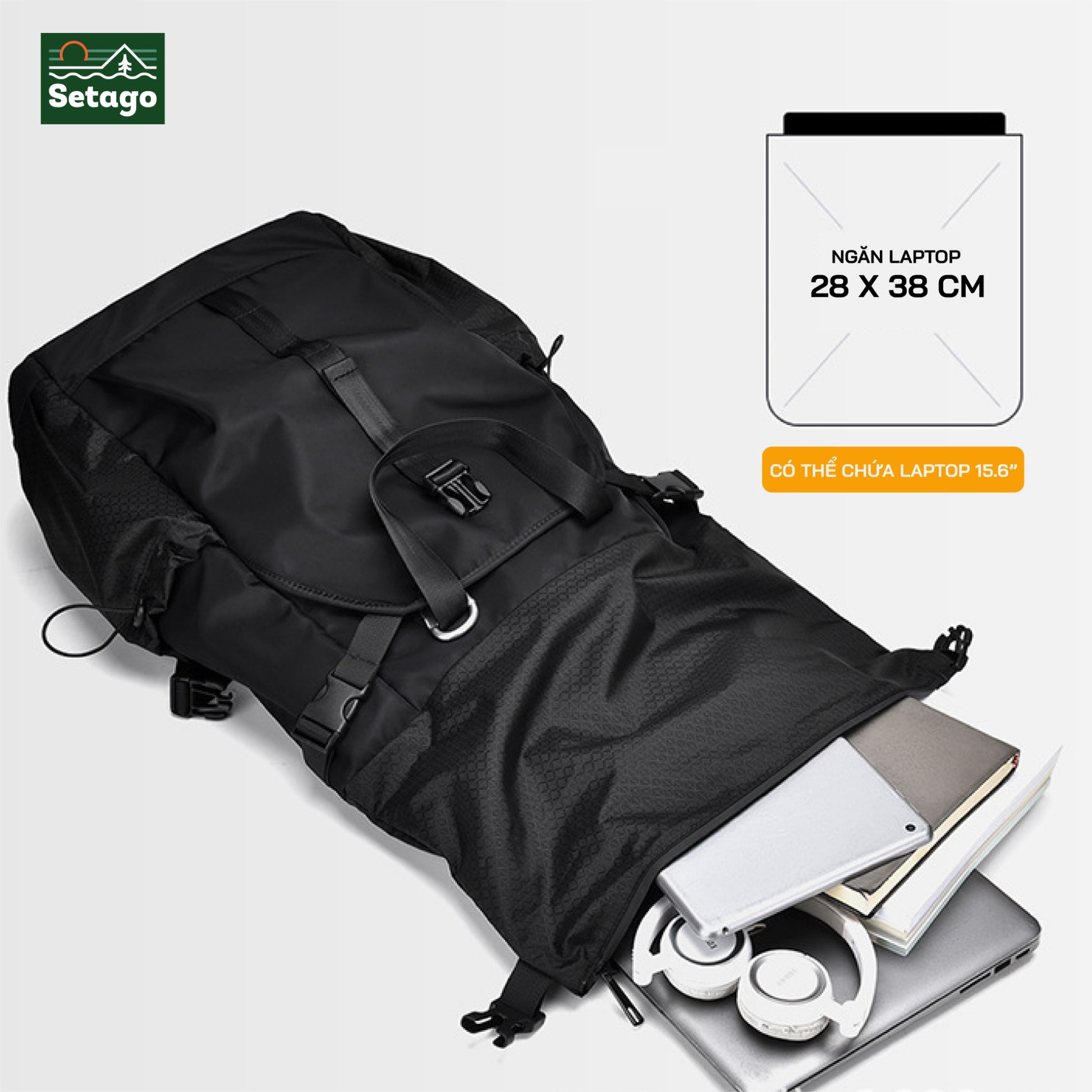 Balo rolltop laptop, du lịch, nhiều ngăn chứa đồ, chất liệu chống thấm nước, có ngăn riêng đựng laptop.