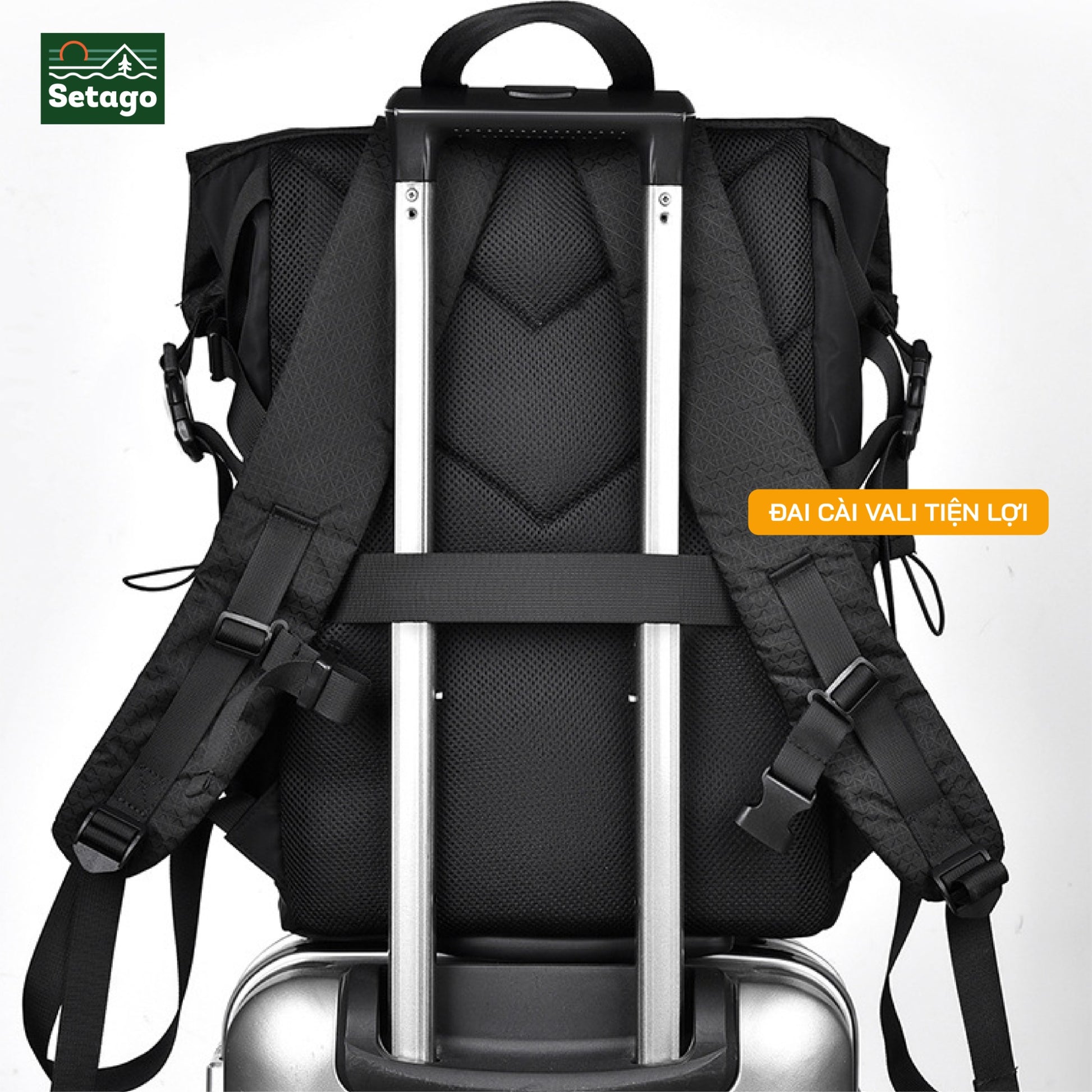 Balo rolltop laptop, du lịch, nhiều ngăn chứa đồ, chất liệu chống thấm nước, có ngăn riêng đựng laptop.