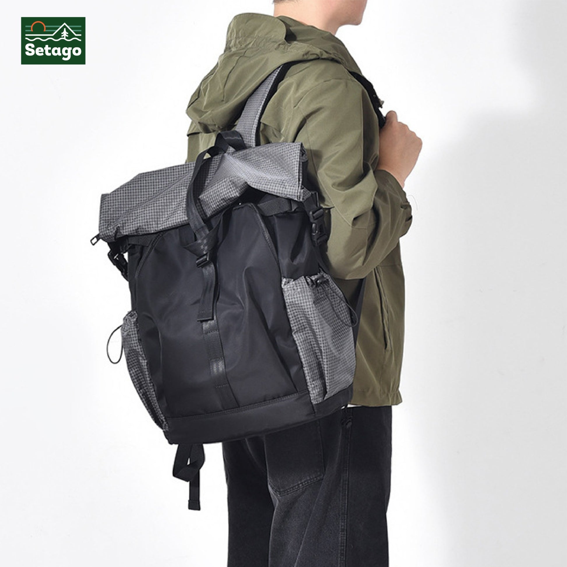 Balo rolltop laptop, du lịch, nhiều ngăn chứa đồ, chất liệu chống thấm nước, có ngăn riêng đựng laptop.