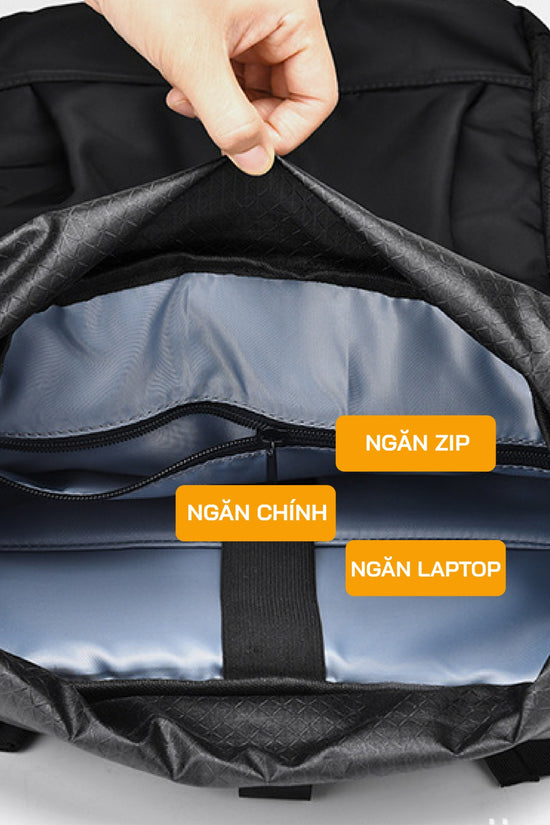 Balo rolltop laptop, du lịch, nhiều ngăn chứa đồ, chất liệu chống thấm nước, có ngăn riêng đựng laptop.