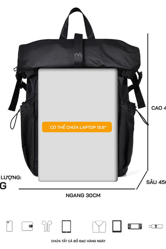 Balo rolltop laptop, du lịch, nhiều ngăn chứa đồ, chất liệu chống thấm nước, có ngăn riêng đựng laptop.