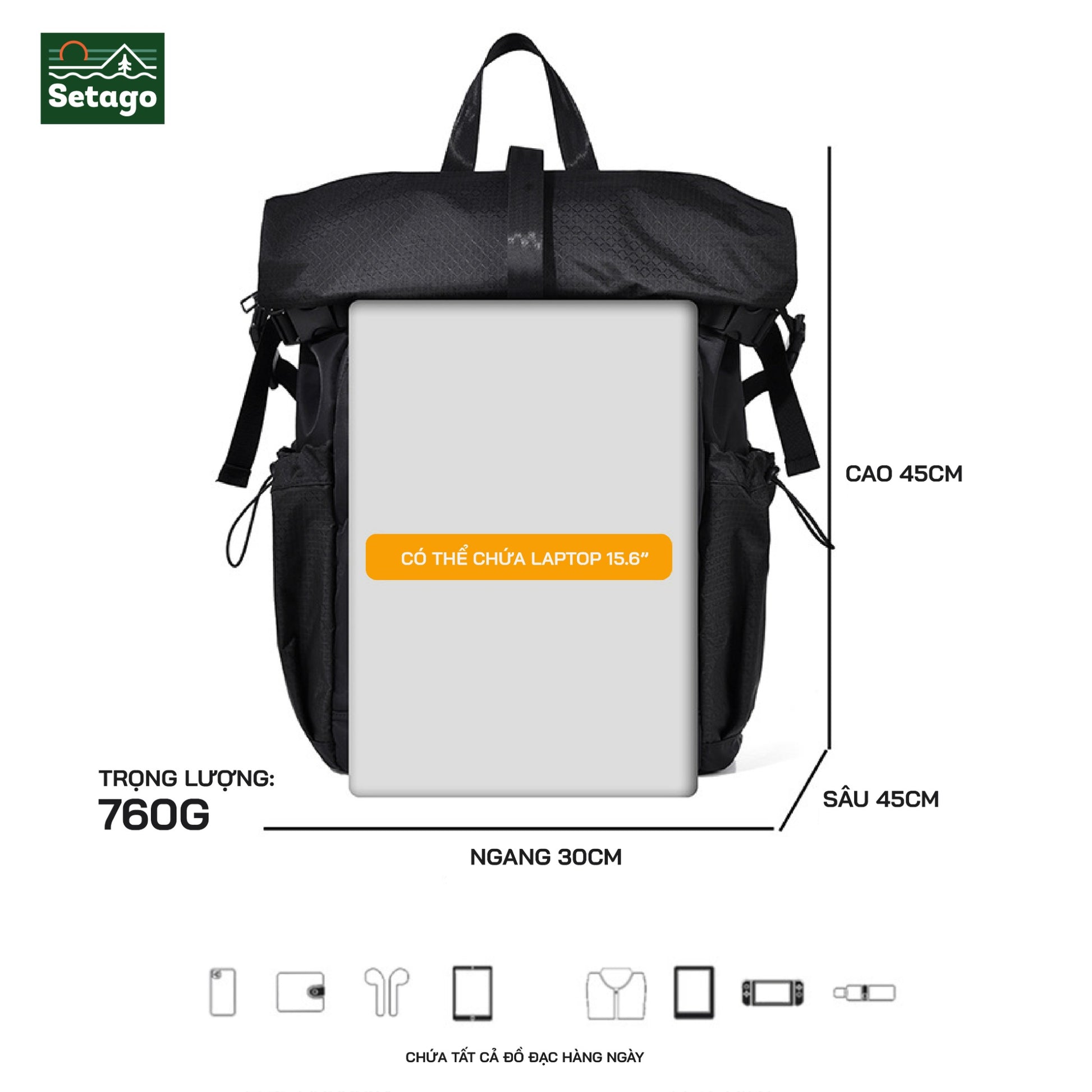 Balo rolltop laptop, du lịch, nhiều ngăn chứa đồ, chất liệu chống thấm nước, có ngăn riêng đựng laptop.