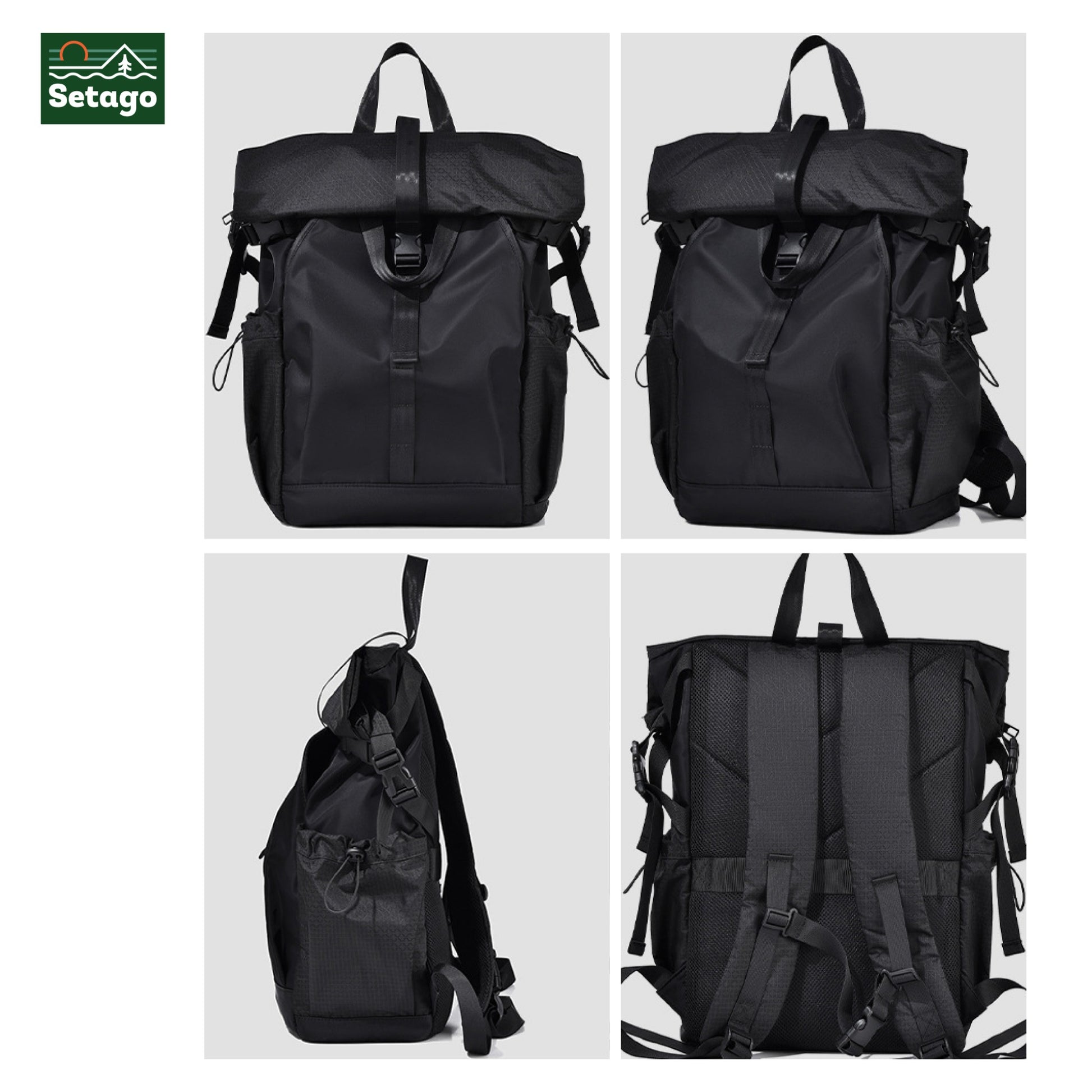Balo rolltop laptop, du lịch, nhiều ngăn chứa đồ, chất liệu chống thấm nước, có ngăn riêng đựng laptop.
