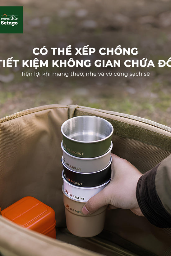 Cốc inox dã ngoại, cắm trại xinh xắn, dày dặn, nhiều màu sắc và có thể xếp chồng phù hợp cho gia đình, nhóm bạn