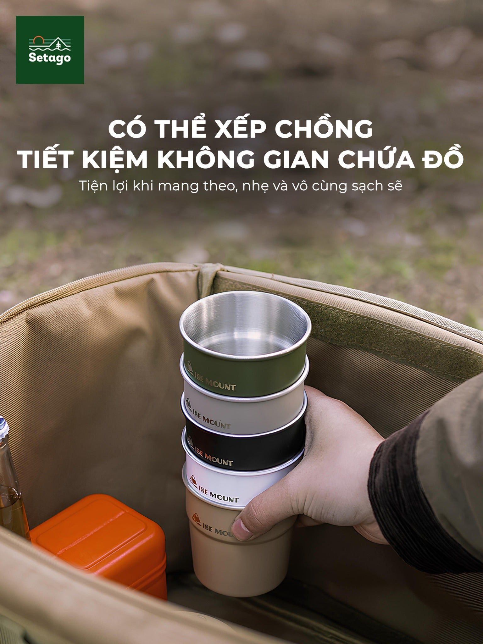 Cốc inox dã ngoại, cắm trại xinh xắn, dày dặn, nhiều màu sắc và có thể xếp chồng phù hợp cho gia đình, nhóm bạn