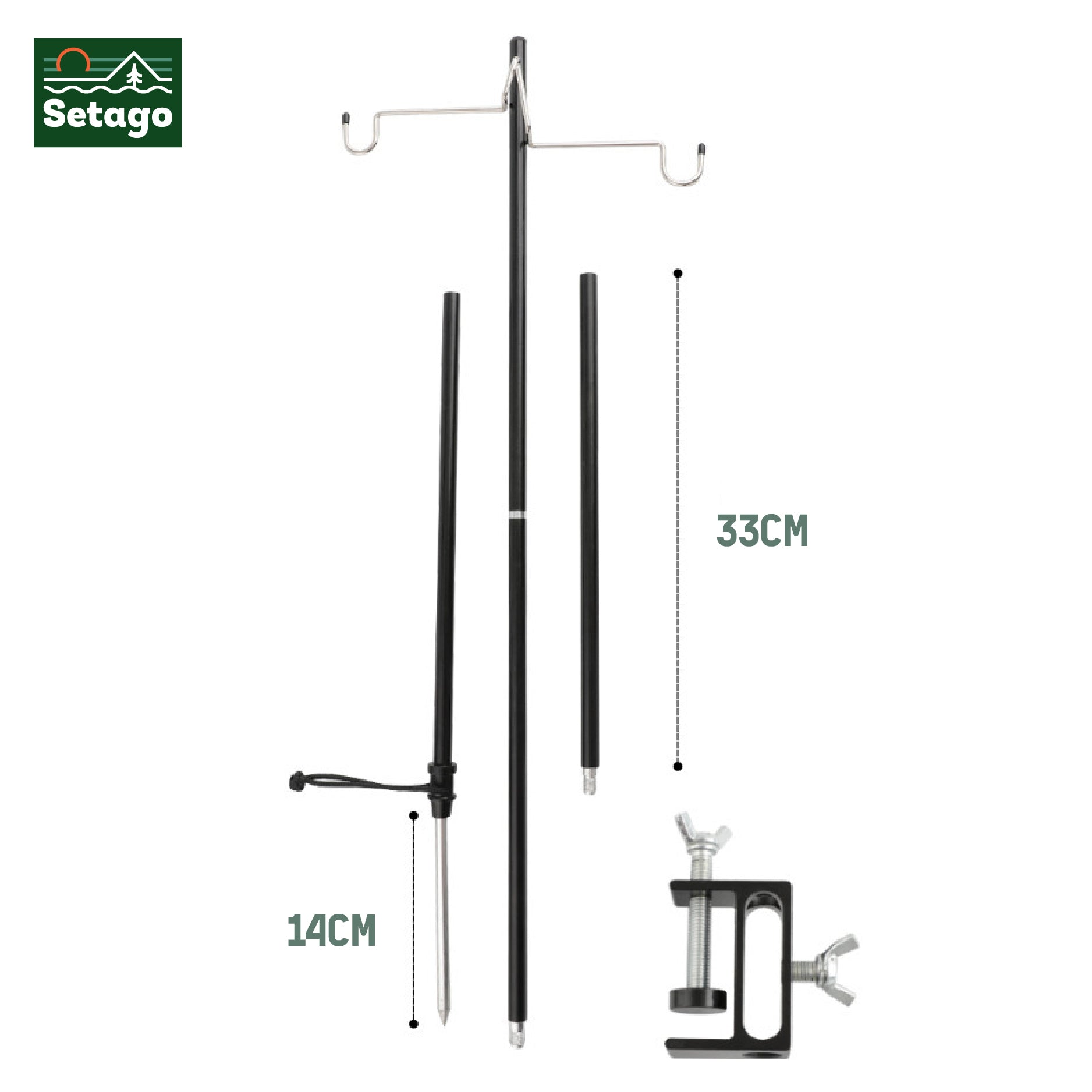 Cột treo đèn cắm trại bằng hợp kim nhôm, có thể cắm xuống đất hoặc kẹp vào mặt phẳng, cạnh bàn