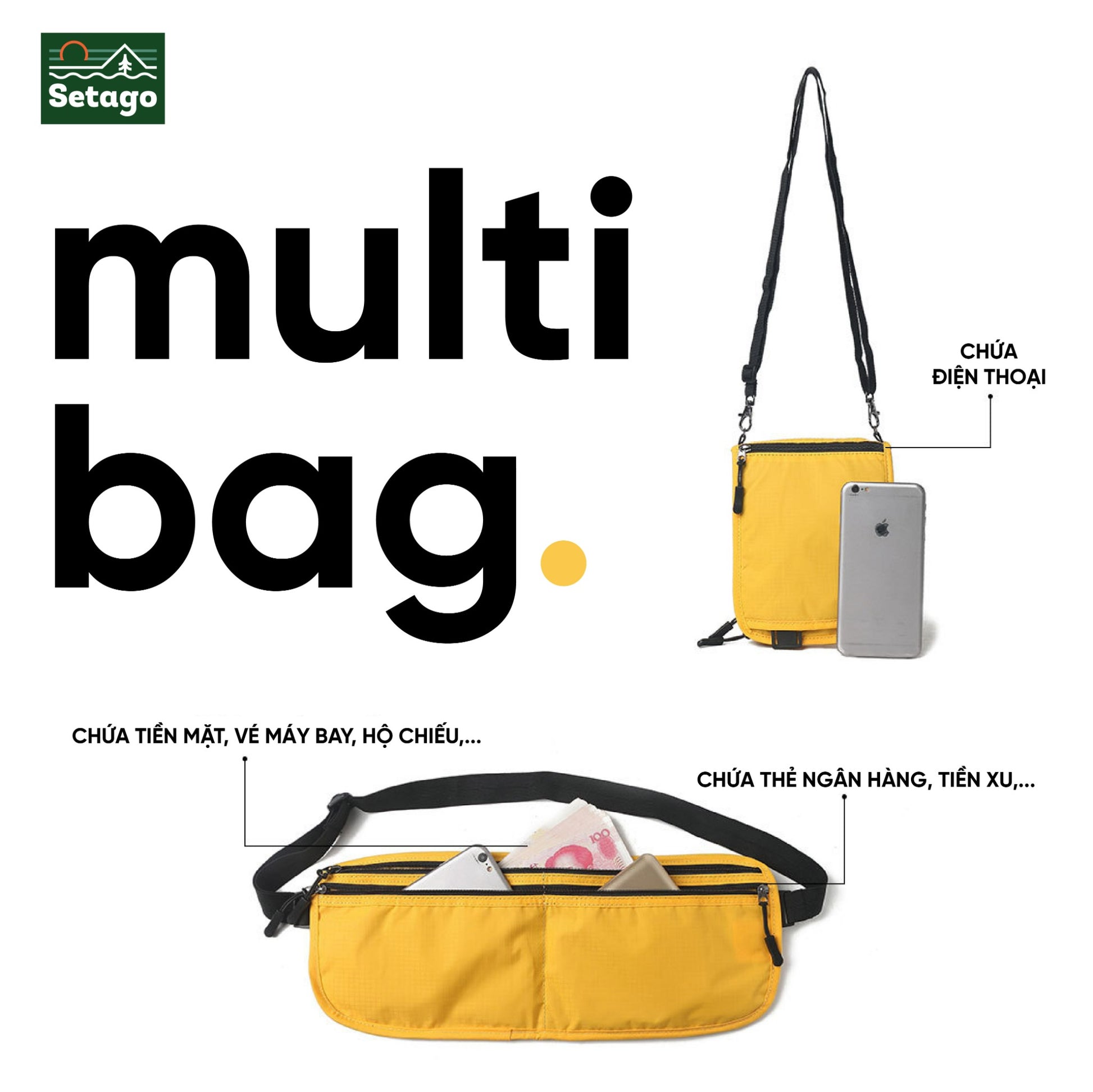 Túi multi bag ba chức năng đeo bụng-ví gập-đeo cổ, phụ kiện túi 3 trong 1 chống nước, gọn nhẹ siêu tiện lợi